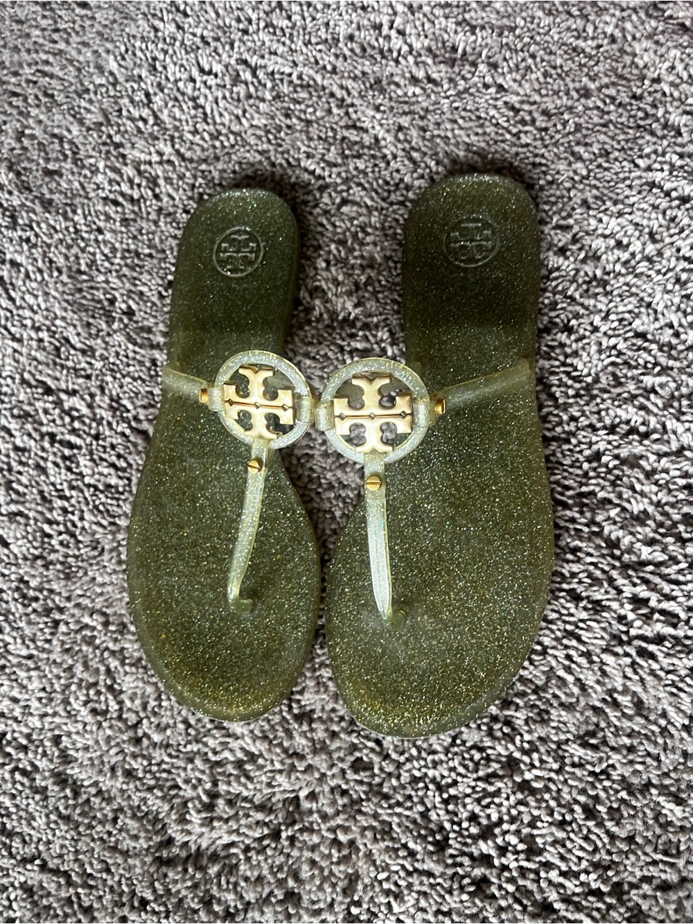 Tory Burch Mini Miller Jelly Thong Sandals Flat Size 8.5 Gold Glitter Flip Flops